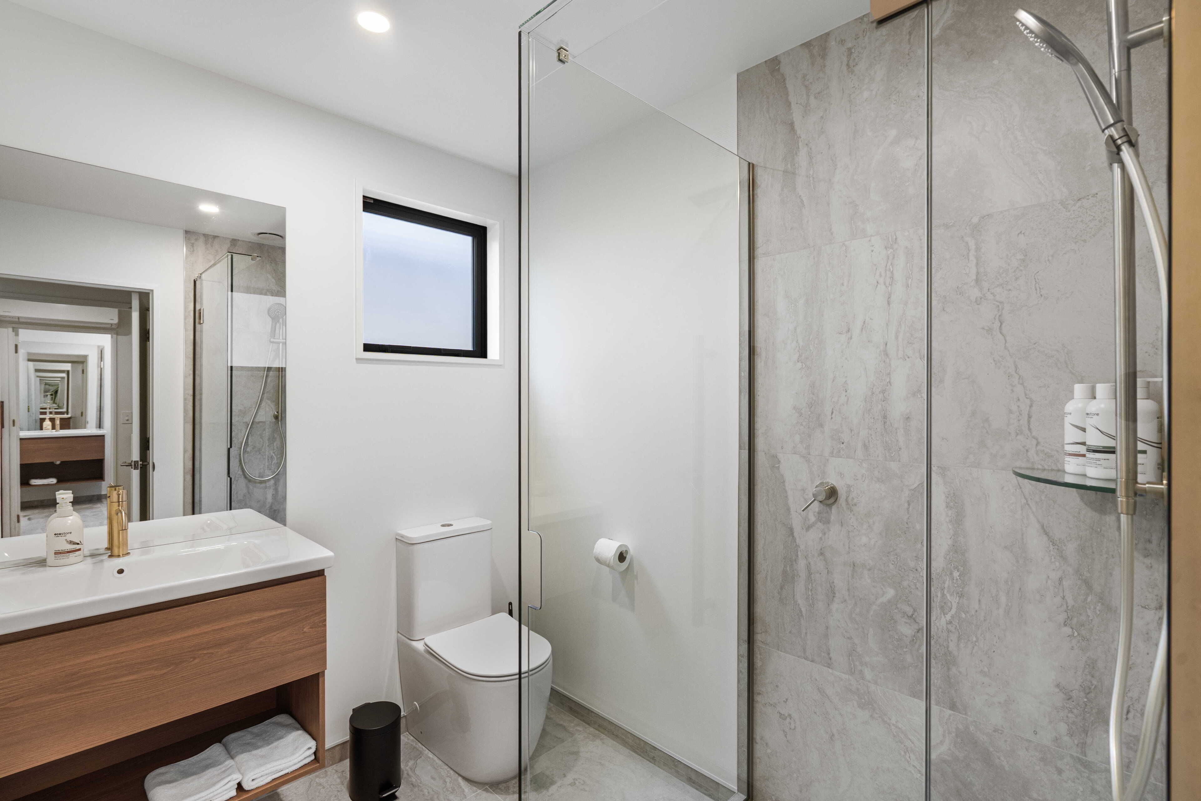 Shower, eco-friendly toiletries, hair dryer, towels