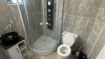 A bathroom with a curved shower enclosure, a toilet, a sink with a basin, and a small cabinet.