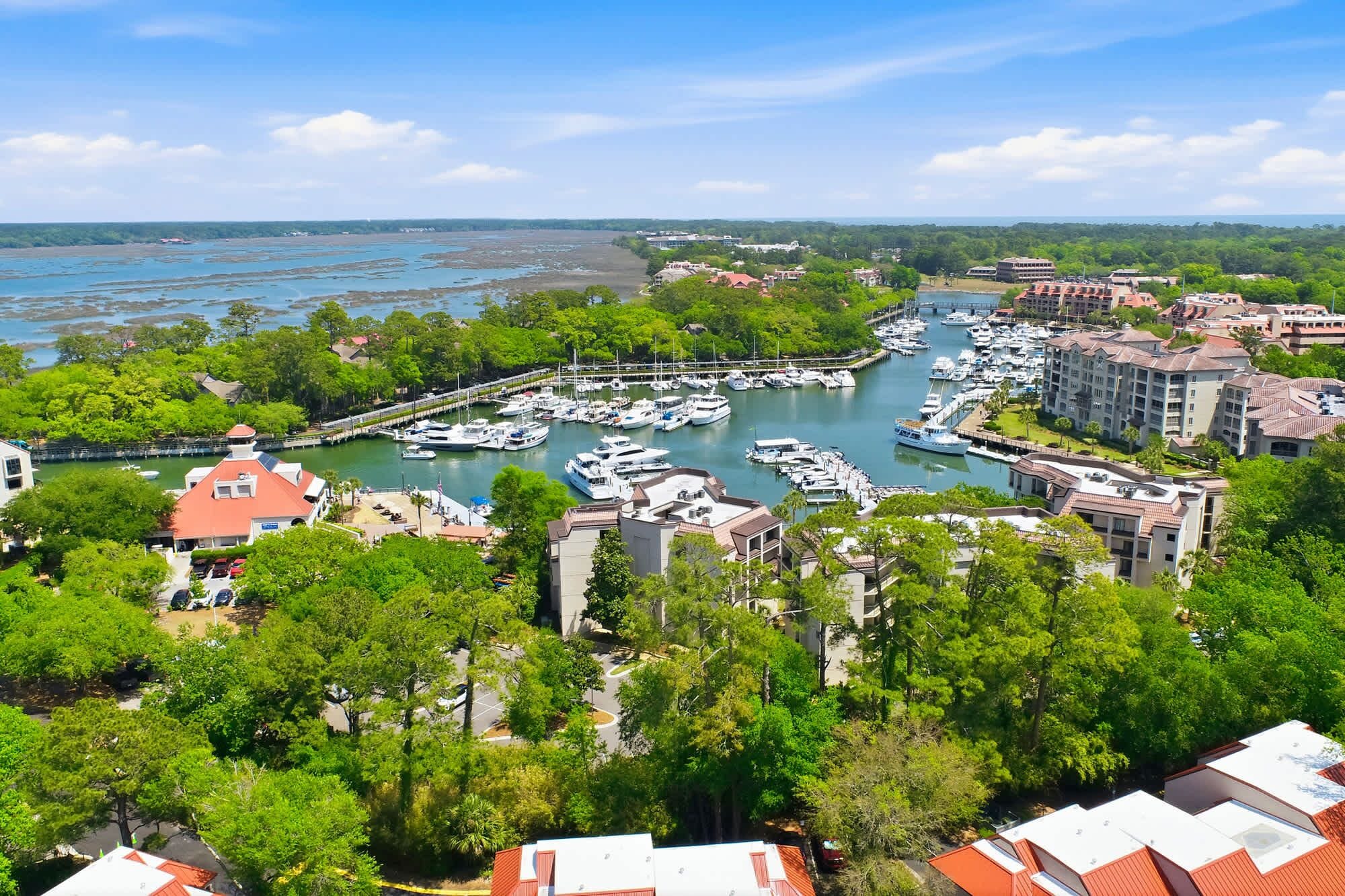 A marina with boats docked, surrounded by greenery and buildings.