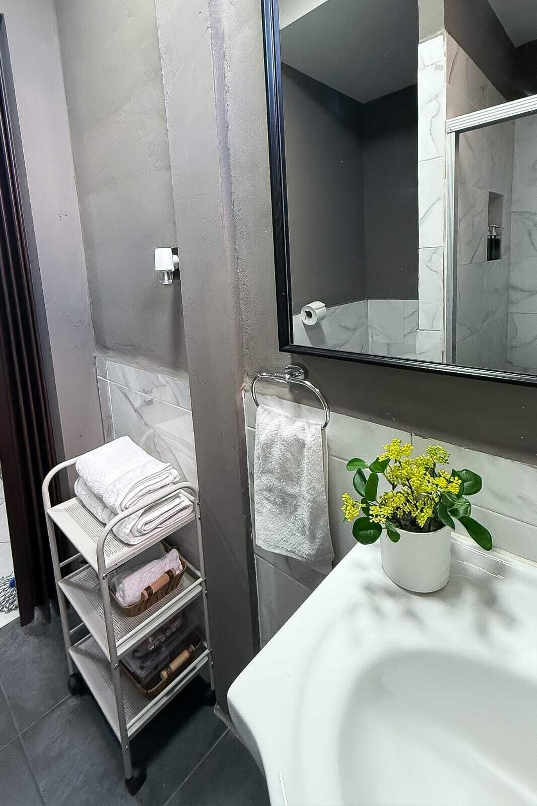 Hair dryer, towels, soap, toilet paper