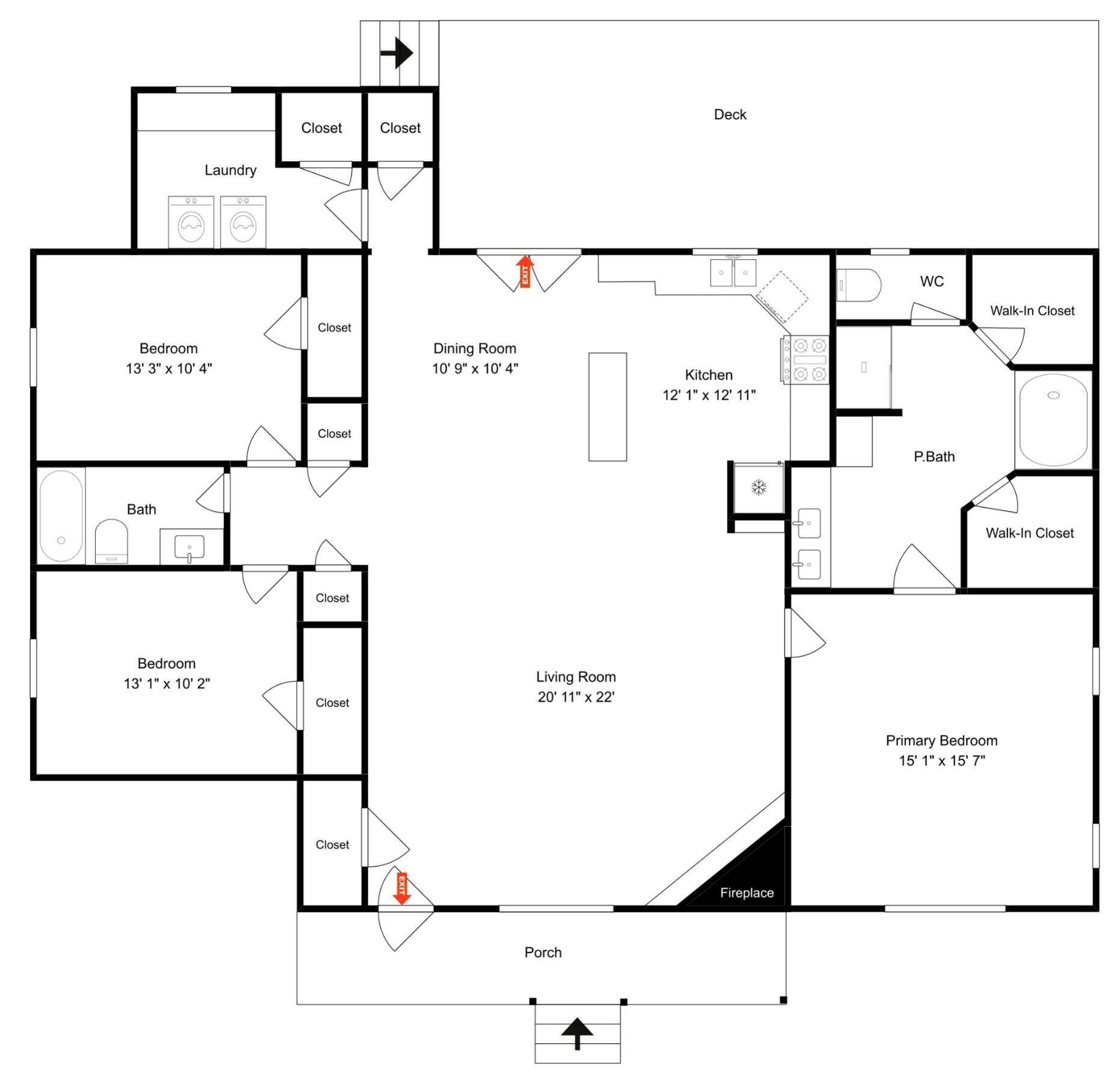 A floor plan with a living room, dining room, kitchen, two bedrooms, a bathroom, a porch, and a deck.