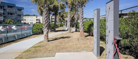 A parking area with a concrete pathway leading to a gated entrance, palm trees, and a fence surrounding the area.