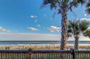 A beach view with a wooden fence, palm trees, and the ocean. - Oceanfront Arcadian II  8D (Myrtle Beach)