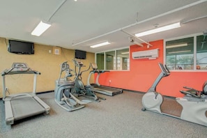 A fitness room with treadmills, elliptical machines, and a television screen. - Bahama Sands Unit 0708 (North Myrtle Beach)