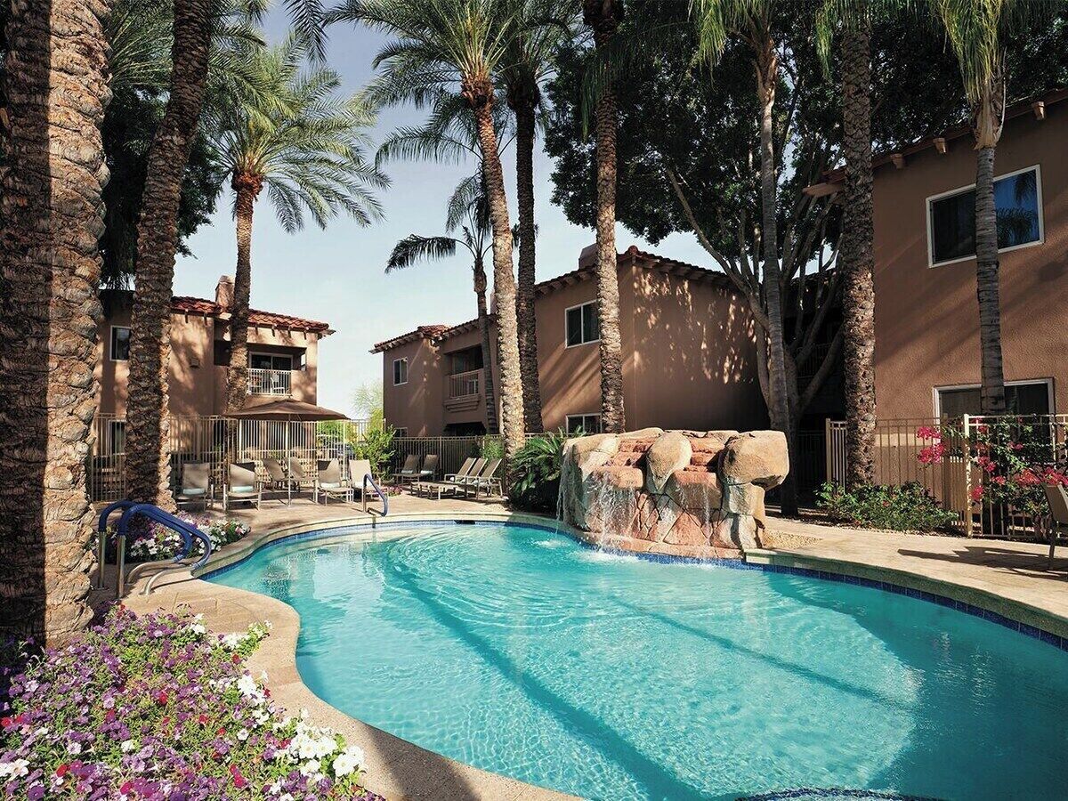 A swimming pool with a rock feature, surrounded by palm trees and lounge chairs.