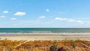 Ein Strand mit blauem Himmel, sandigem Ufer und grasbewachsenen Dünen.