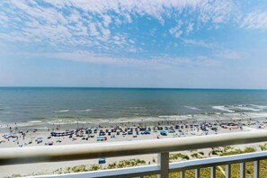 Ein Strand mit blauem Himmel und Blick auf den Ozean.