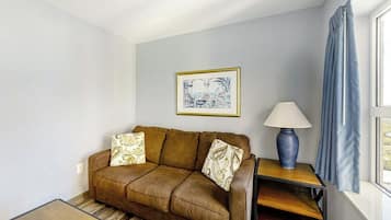A living room with a brown sofa, patterned cushions, a framed picture on the wall, a lamp on a side table, and a window with curtains.