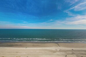 Ein Strand mit blauem Himmel und ruhiger See.
