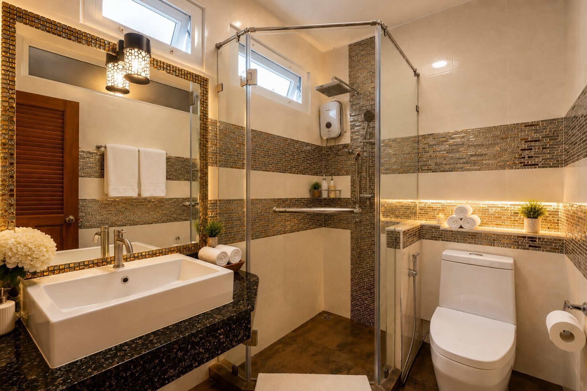 A modern bathroom with a glass-enclosed shower, a freestanding bathtub, and a toilet.