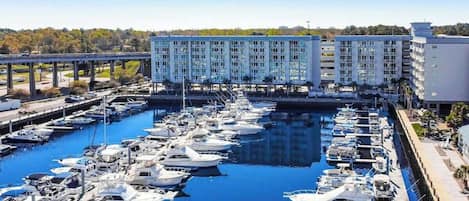 A marina with multiple boats docked, a large building with a modern design, and a bridge in the background.