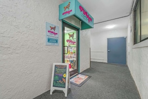 A dog grooming and day care facility with a teal sign, a chalkboard advertisement, and a door to the right. - Ocean Park Resort 0324 (Myrtle Beach)