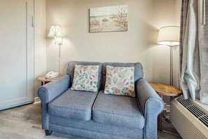 A room with a grey sofa, two patterned cushions, a lamp, a painting, and a radiator. - The Patricia Grand 0304 (Myrtle Beach)