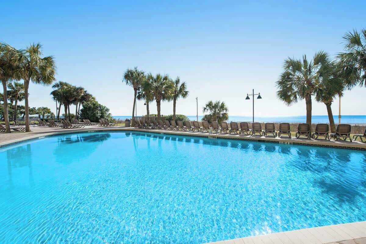 A swimming pool with lounge chairs and palm trees.