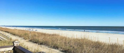 A beach view with a wooden boardwalk leading to the shore, sandy beach, and ocean.