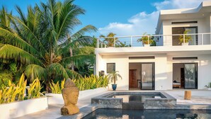 Ein modernes Haus mit Pool, umgeben von tropischen Pflanzen.