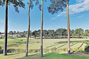 Ein Golfplatz mit Bäumen, blauem Himmel und Gebäuden im Hintergrund.