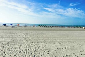A beach with footprints, umbrellas, and a pier. - A Place at the Beach VI - 305 (Myrtle Beach)