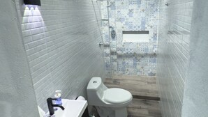 A narrow bathroom with a toilet, a sink, and a shower area. - Matlazinca Suite in downtown Toluca (Toluca de Lerdo)