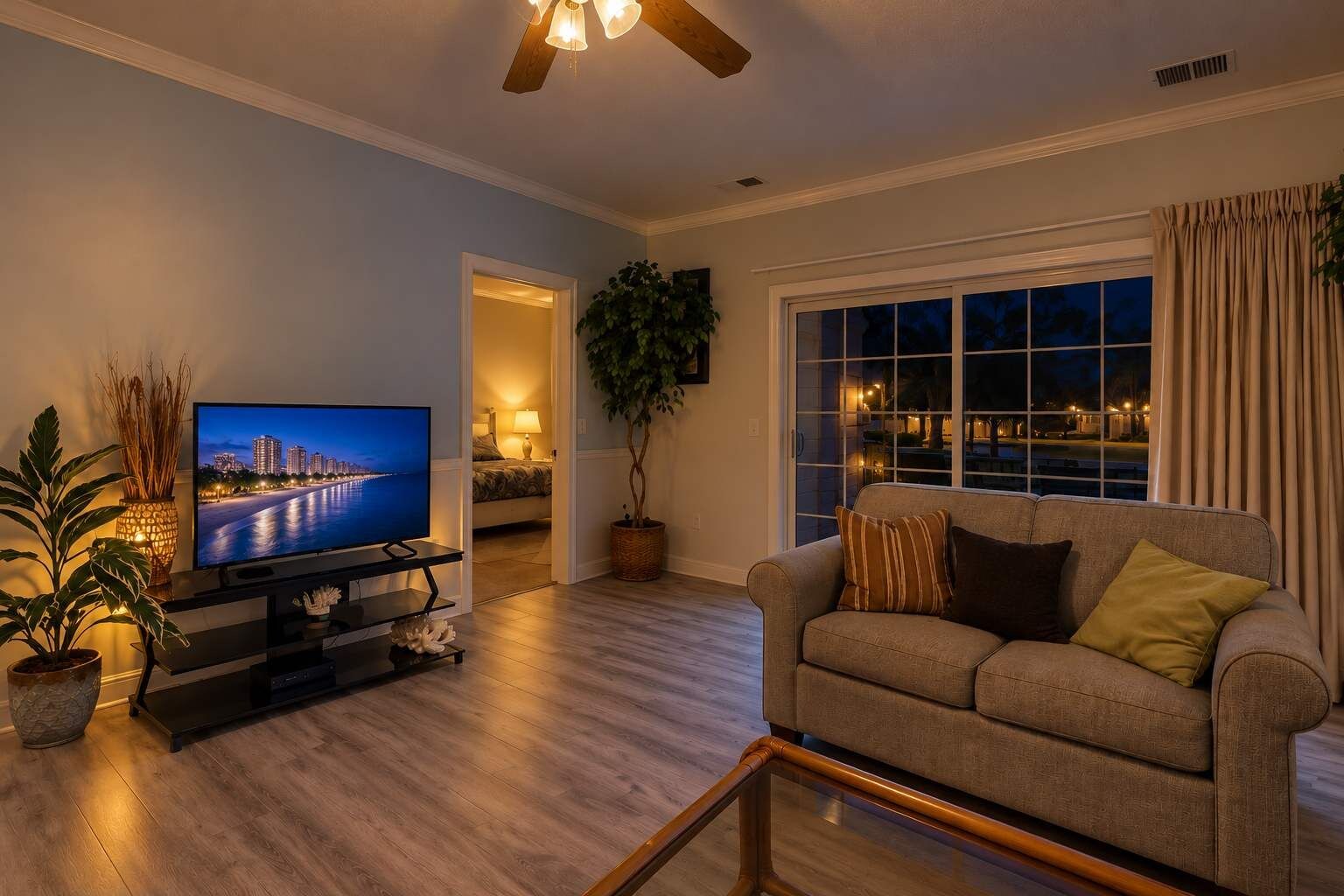 A living room with a television, a sofa, a coffee table, and a large window with curtains.