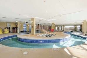 An indoor swimming pool with a 3 FT depth marker, a staircase, and a sunlit area with windows. - Cinzia Lane Bungalow (North Myrtle Beach)