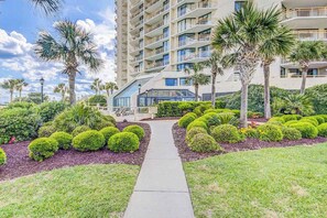 A hotel with a central pathway, surrounded by manicured bushes and palm trees. - Ocean Creek Plantation DD-6 (Myrtle Beach)