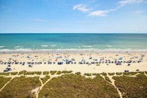 Ein Strand mit mehreren Reihen von Sonnenschirmen und Badegästen.