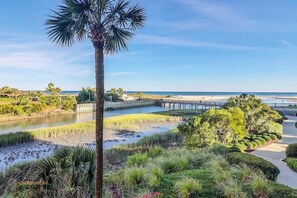 A coastal landscape with a palm tree, a bridge, and a beach. - Ocean Creek Plantation D-1 (Myrtle Beach)