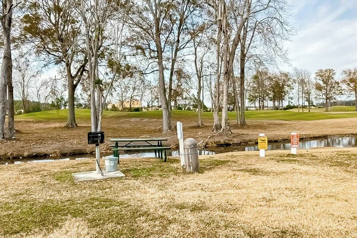 Un parque con una mesa de picnic, un bote de basura y un pequeño estanque.