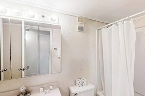 Une salle de bain avec un miroir, un meuble-lavabo, des toilettes et un rideau de douche.