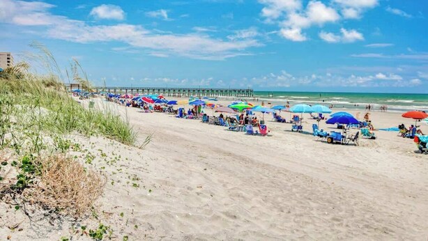 Ein Strand mit Reihen von Sonnenschirmen und Liegestühlen, ein Steg im Hintergrund und der Ozean.