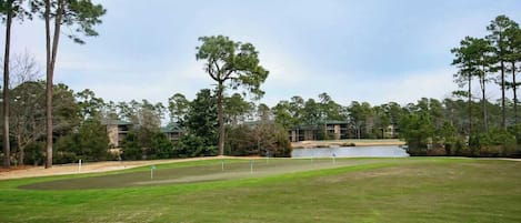 Um campo de golfe com um lago, rodeado por árvores e edifícios.