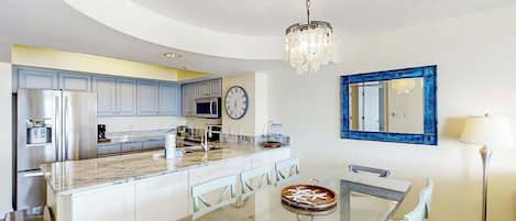 Coffee/tea maker, fridge, microwave, oven