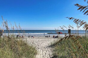 Ein Strand mit blauem Himmel, einem sandigen Pfad zum Wasser und einigen Badegästen.