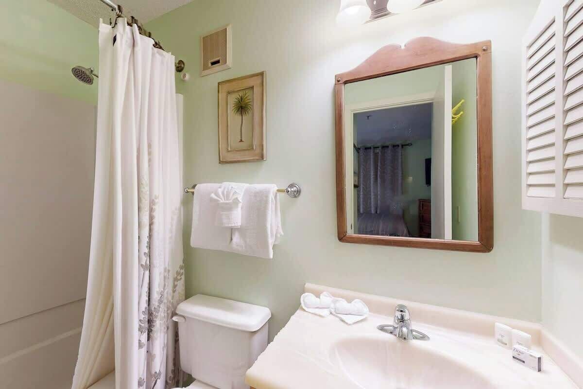Une salle de bain avec un rideau de douche, des toilettes, un lavabo et un miroir.