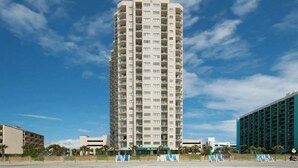 A tall, multi-story hotel with balconies, a flat roof, and a clear sky. - Cozy Beach Rendezvous at The Palace Resort (Myrtle Beach)