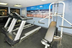 Ein Fitnessstudio mit Laufbändern, einem Steigsteiger und einer Wand mit einem Meeresblick-Wandbild.