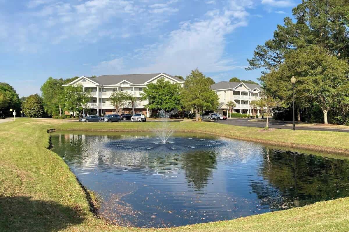 A residential area with a pond, a fountain, and houses in the background.