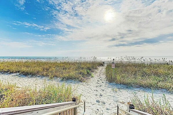 A beach with a wooden boardwalk leading to the water, surrounded by tall grasses. - Meridian Plaza Unit 208 (Myrtle Beach)