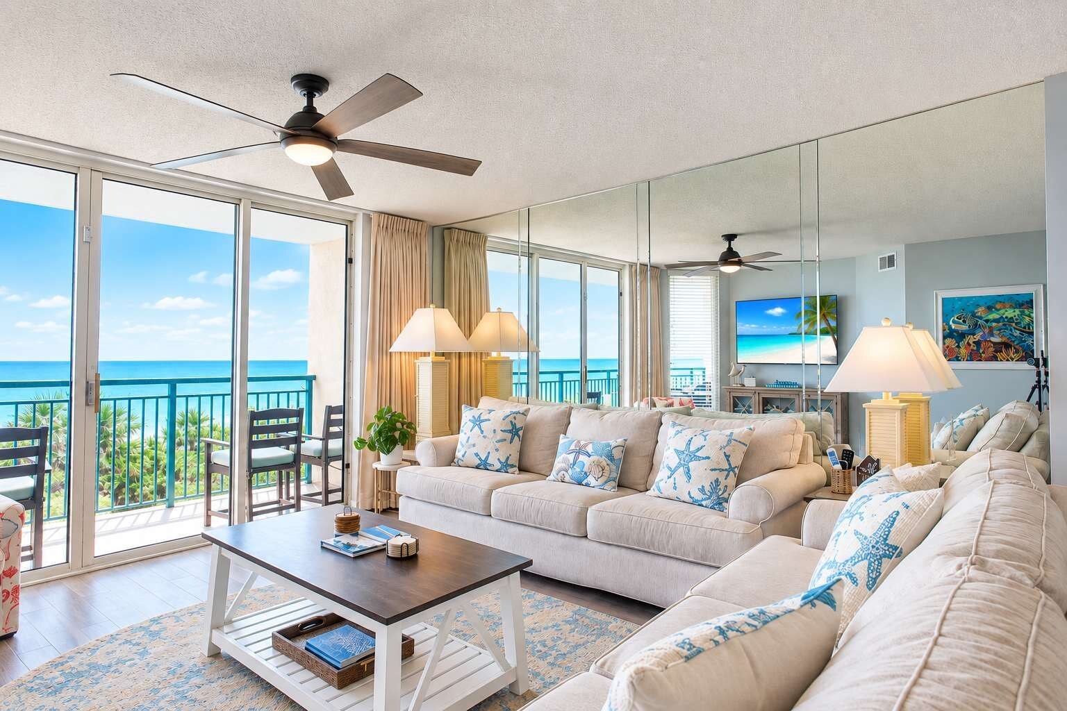 A spacious living room with a large sofa, a coffee table, and a TV. There are two ceiling fans, a large window with a view of the ocean, and a balcony with chairs.
