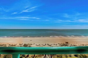 Ein Strand mit blauem Himmel und ruhiger See.