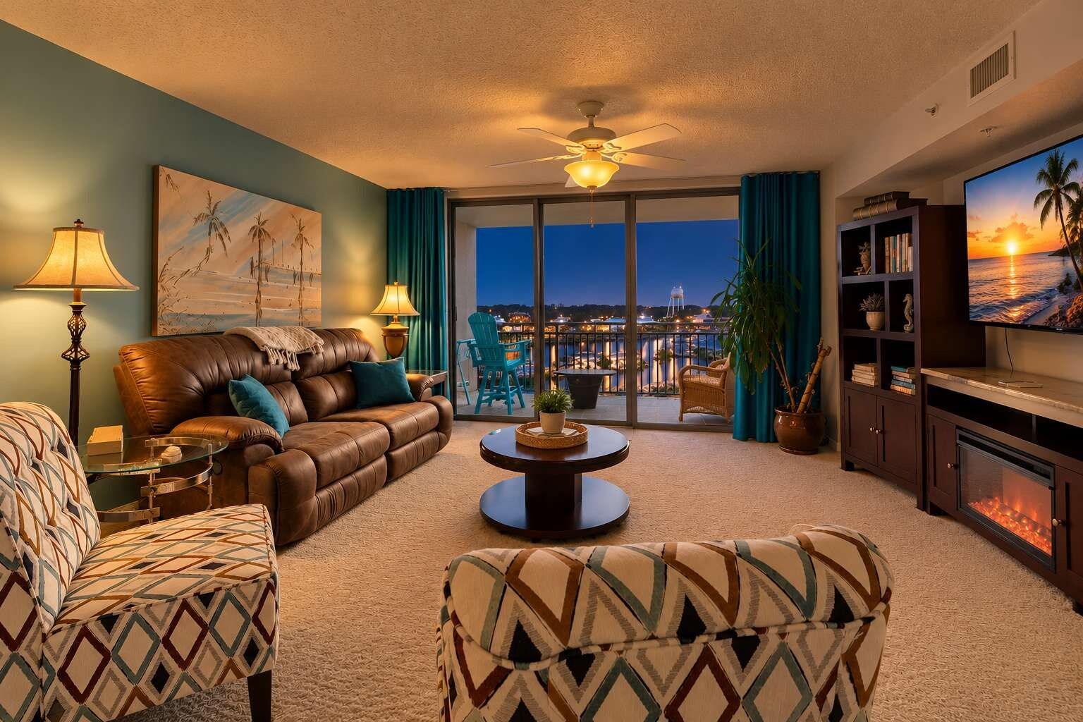 A living room with a leather sofa, patterned armchair, and a coffee table. There is a television on the right and a fireplace on the left. The room has a large window with a view of a cityscape and a balcony with chairs.