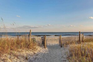 A sandy beach path leading to the ocean, surrounded by tall grasses and a wooden fence. - Arcadian Dunes 12-245 (Myrtle Beach)