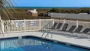 A pool area with a sign indicating no lifeguard on duty and shallow water warnings. - A Place at the Beach VI - 105 (Myrtle Beach)