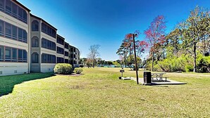 A building with multiple windows and a grassy area with a picnic table and trash can. - Dunes Pointe Unit B-10 (Myrtle Beach)