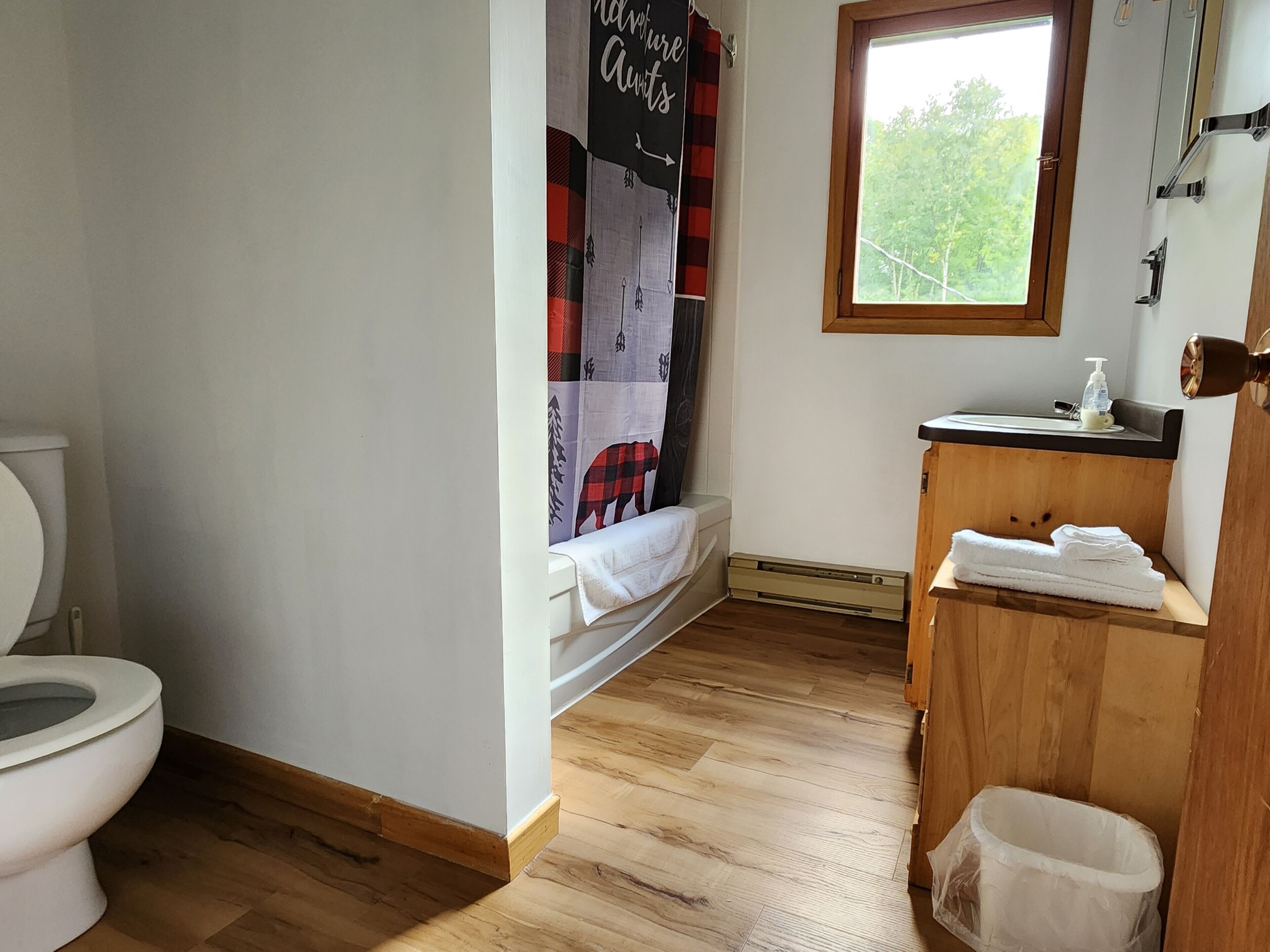 Ein Badezimmer mit Toilette, Waschbecken mit Seifenspender, Fenster und einer Duschvorhang mit Muster.