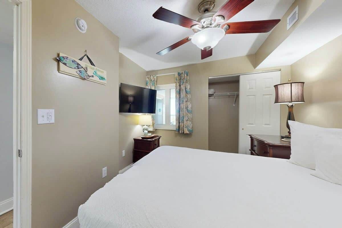 A bedroom with a bed, a ceiling fan, a television, a nightstand, a lamp, and a door.