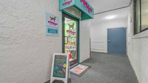 A dog grooming and day care facility with a teal storefront and a chalkboard sign advertising services. - Ocean Park Resort 0322/0324 Combo (Myrtle Beach)