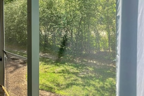 En vy genom ett fönster med ett myggnät, som visar ett skogsområde med träd och gräs.