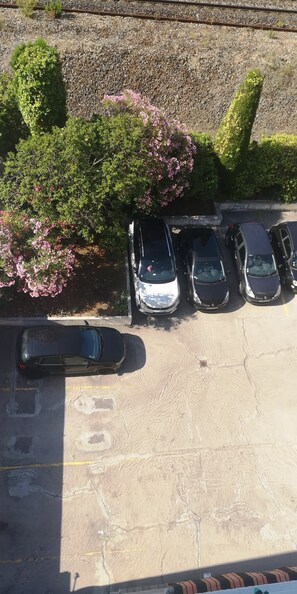 A parking area with cars and a green bush with pink flowers. - Bel Azur (Antibes)